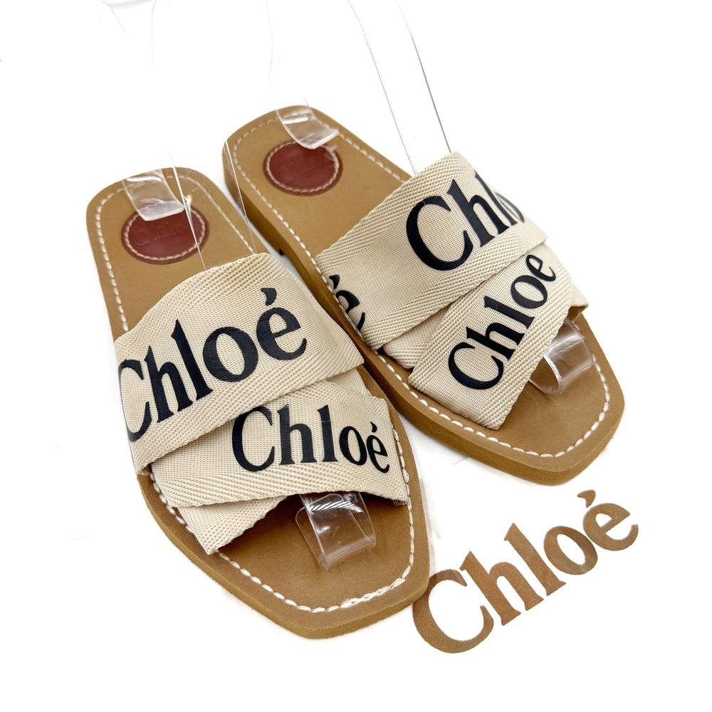 Chloe Woody Flat Slide Sandals Beige Logo Canvas Women Sz 36 / 6